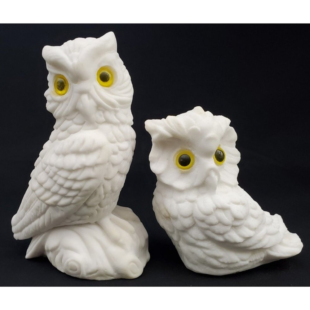 Pair Vintage Salt Stone Alabaster White Owl Figurines Made in Italy 5"
